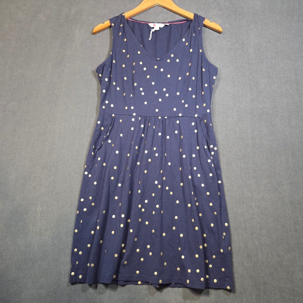 Boden Jersey Dress Womens 10P Navy Blue Gold Polka Dot V-Neck Sleeveless Pockets